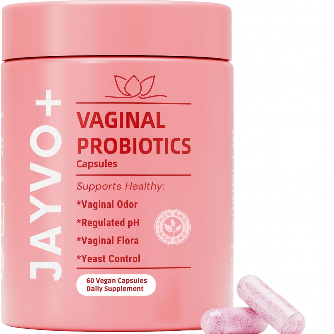 Jayvo vaginal probiotic bottle front shows vegan and gluten-free balance benefits.