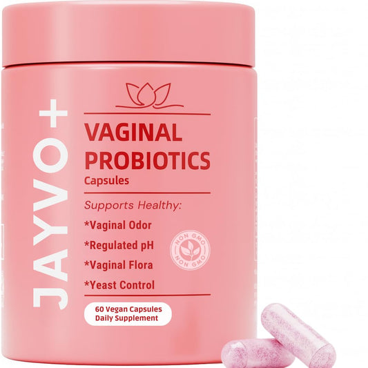 Jayvo vaginal probiotic bottle front shows vegan and gluten-free balance benefits.