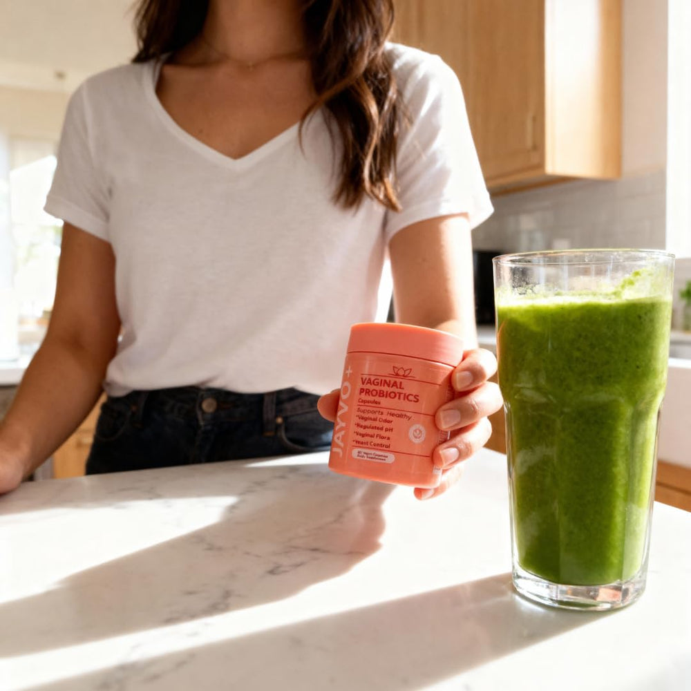 Jayvo vaginal probiotic capsules closeup vegan non GMO daily capsules for feminine wellness.