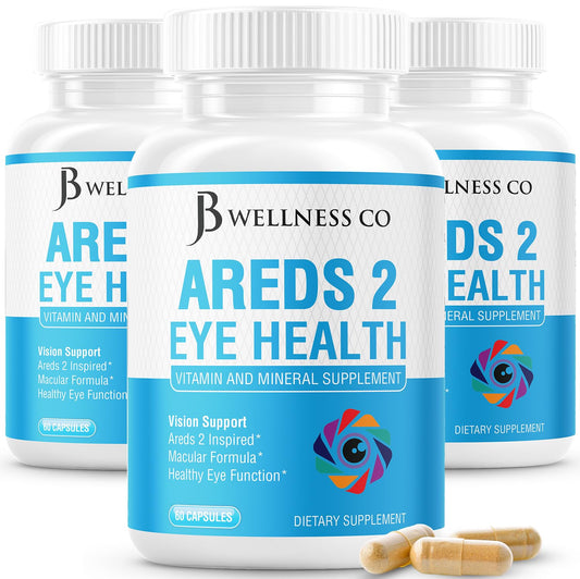 JB Wellness Co AREDS 2 eye vitamin bottle supports daily eye health.