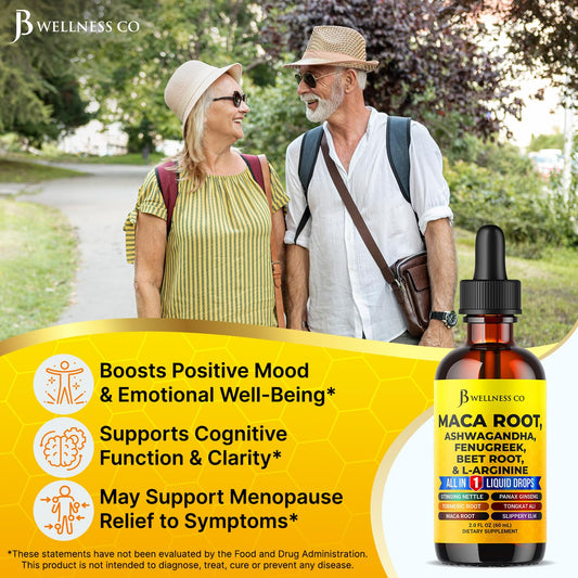 JB Wellness Co Ashwagandha Maca blend bottle on counter conveying balanced energy.