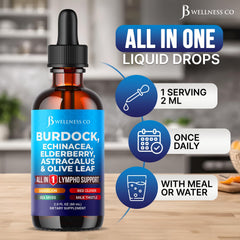 JB Wellness Co Burdock Drainage Drops glass on countertop ready to mix