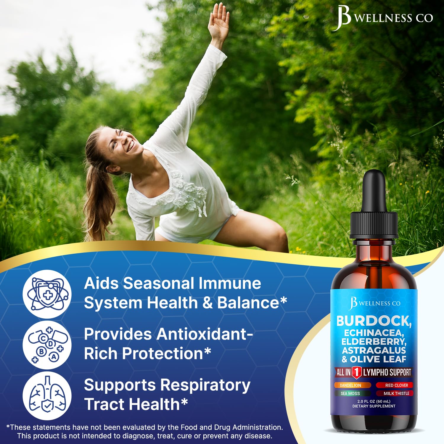 JB Wellness Co Burdock Lymphatic Drops dropper ready for easy, precise daily dosing.