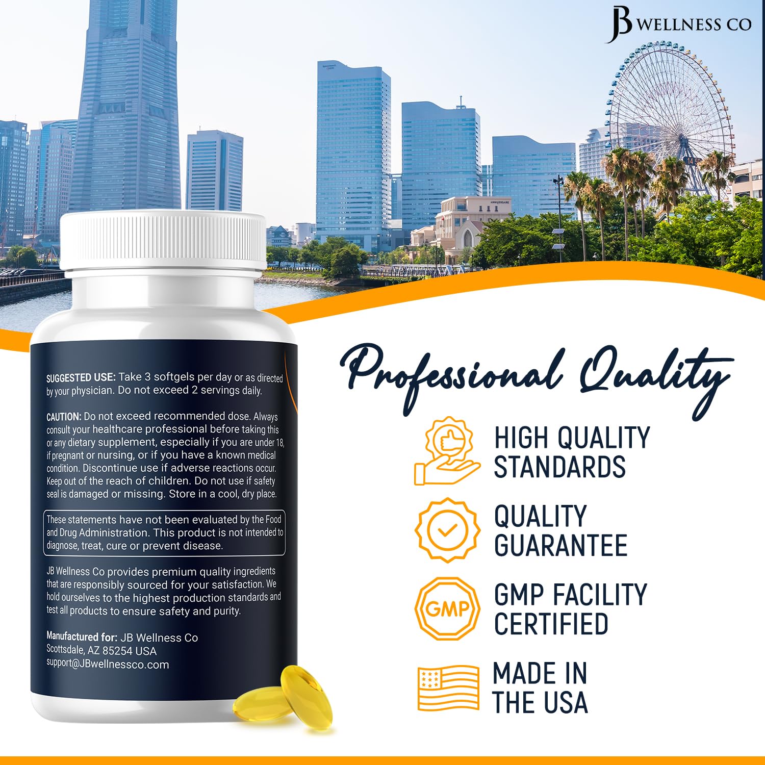 Bottle with facts panel and daily serving guidance from JB Wellness Co