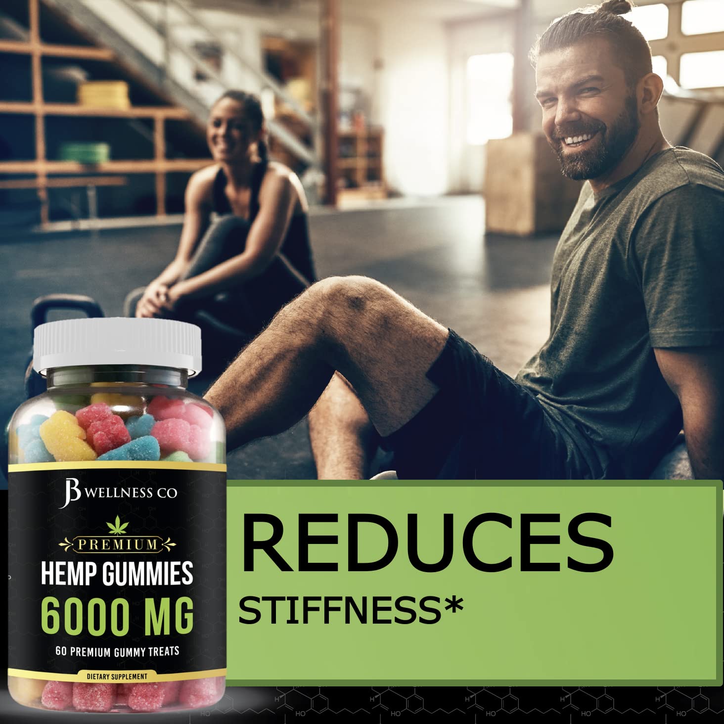 JB Wellness Co Hemp Gummies close-up texture emphasizes chewy, fruity appeal
