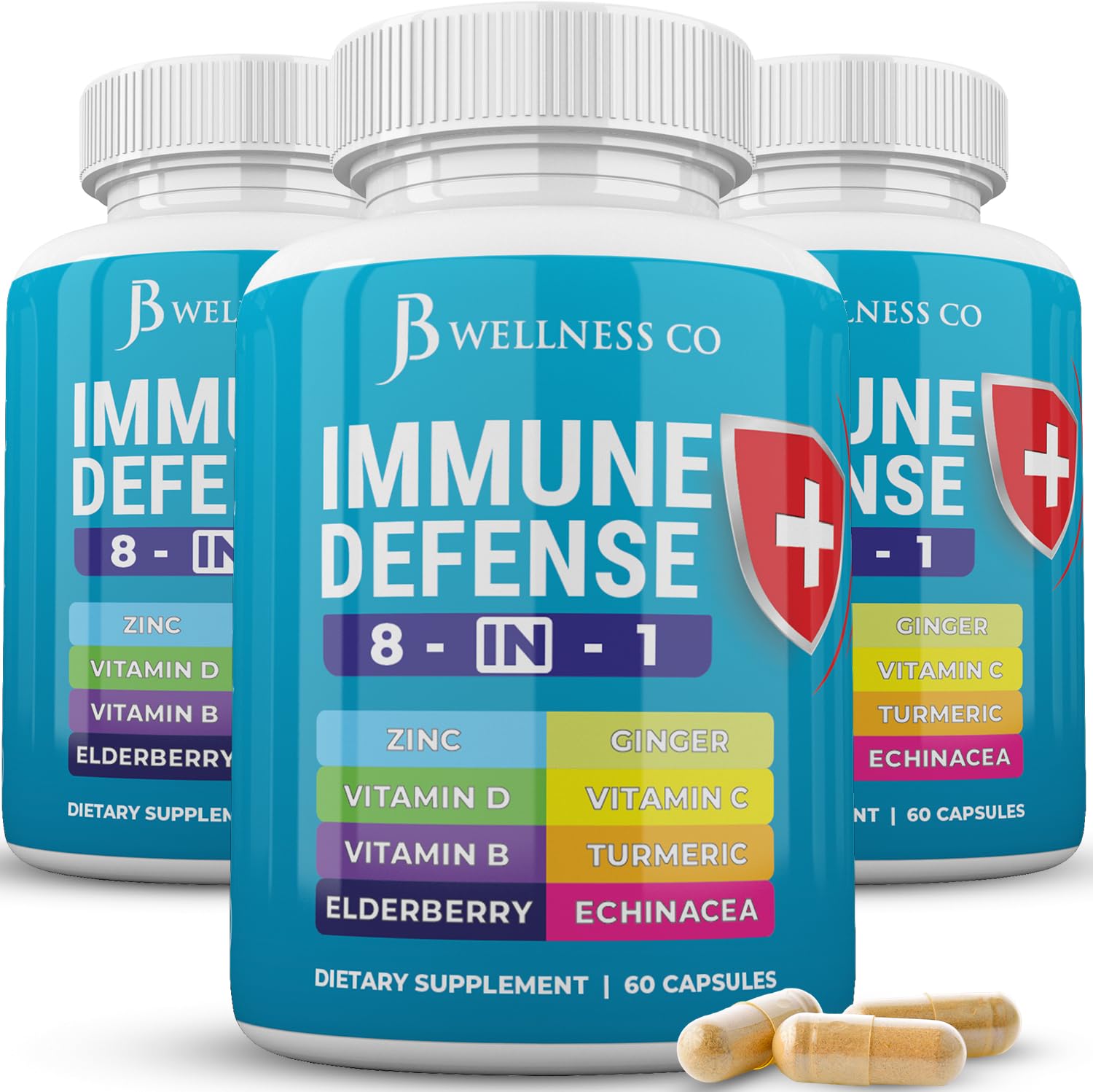 JB Wellness Co Immune Support bottle pour with capsules for daily immune support.