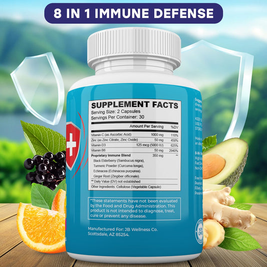 JB Wellness Co Immune Support capsules close-up highlighting the 8-in-1 blend.