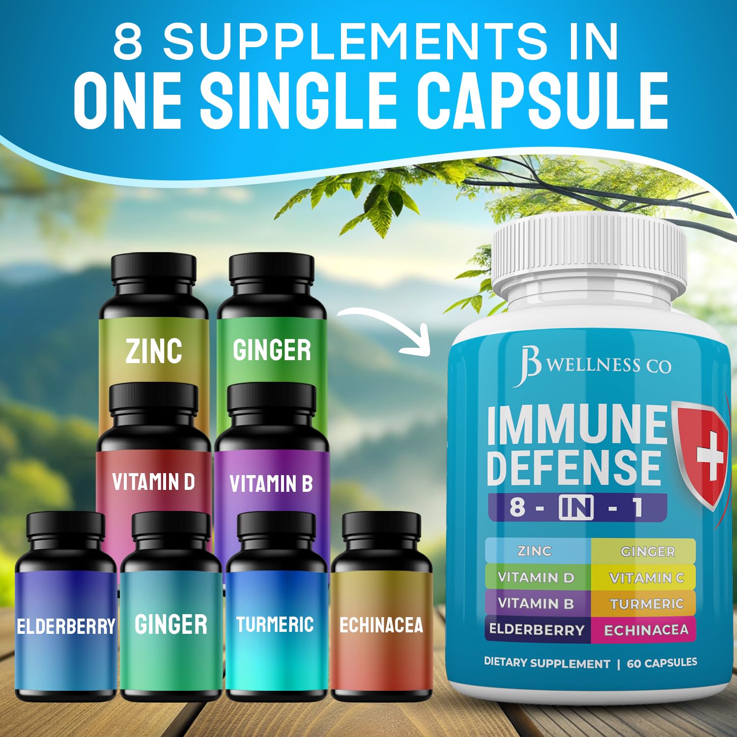 JB Wellness Co Immune Support label highlights Vitamin C, Vitamin D3, and elderberry.