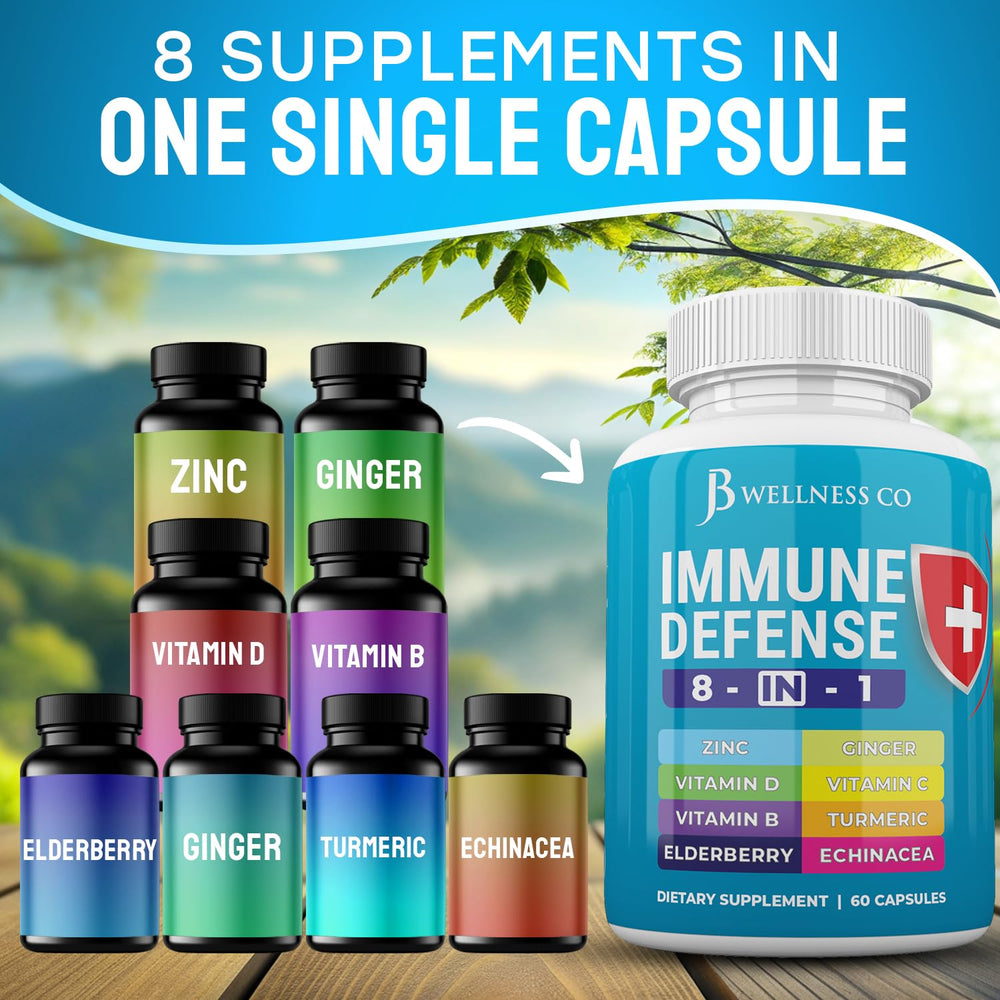 JB Wellness Co Immune Support label highlights Vitamin C, Vitamin D3, and elderberry.