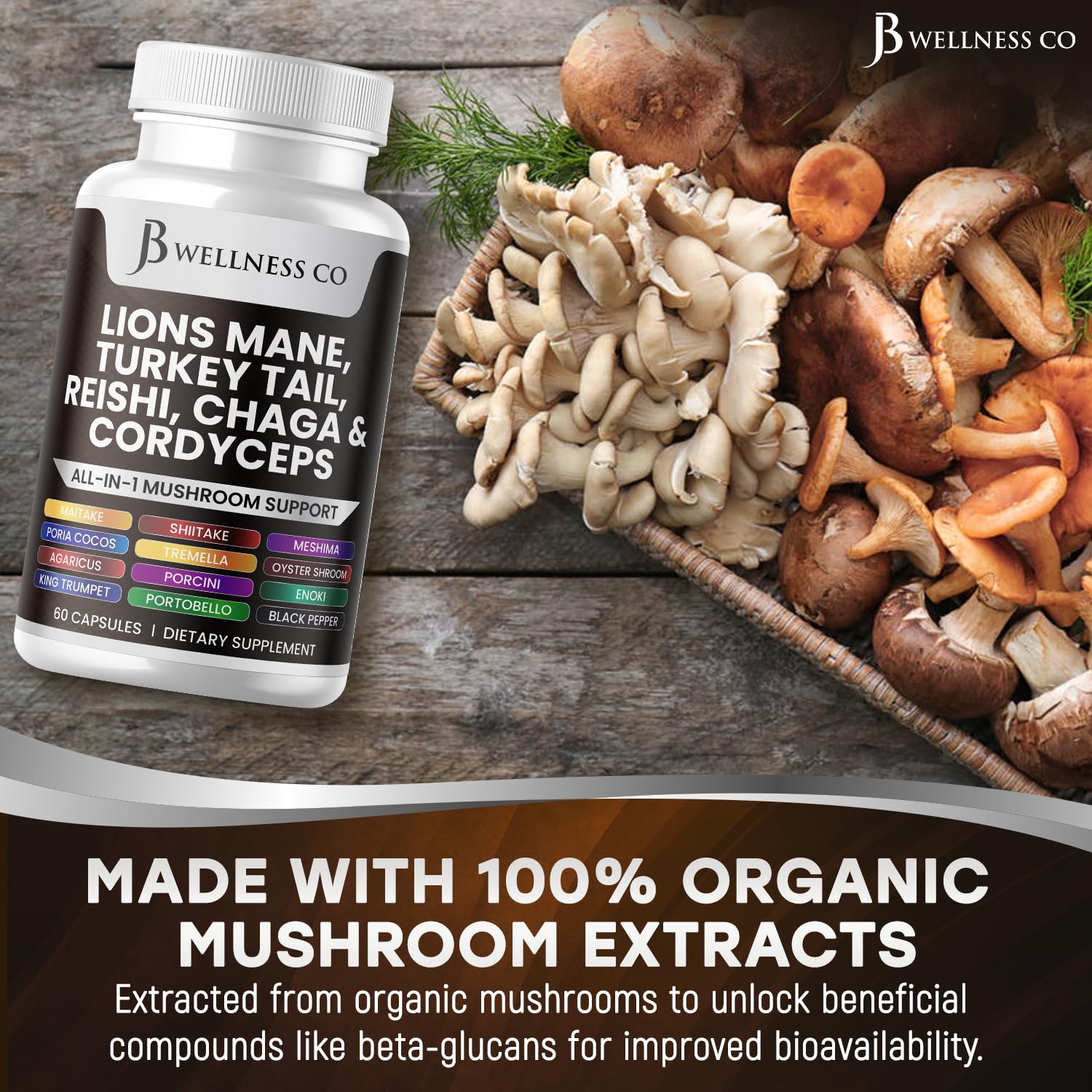 JB Wellness Co Mushroom blend capsules offer all-in-one wellness convenience