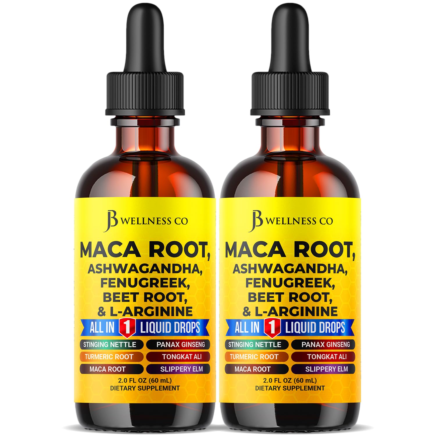 JB Wellness Co Maca Root Liquid Drops bottle highlighting daily vitality support.