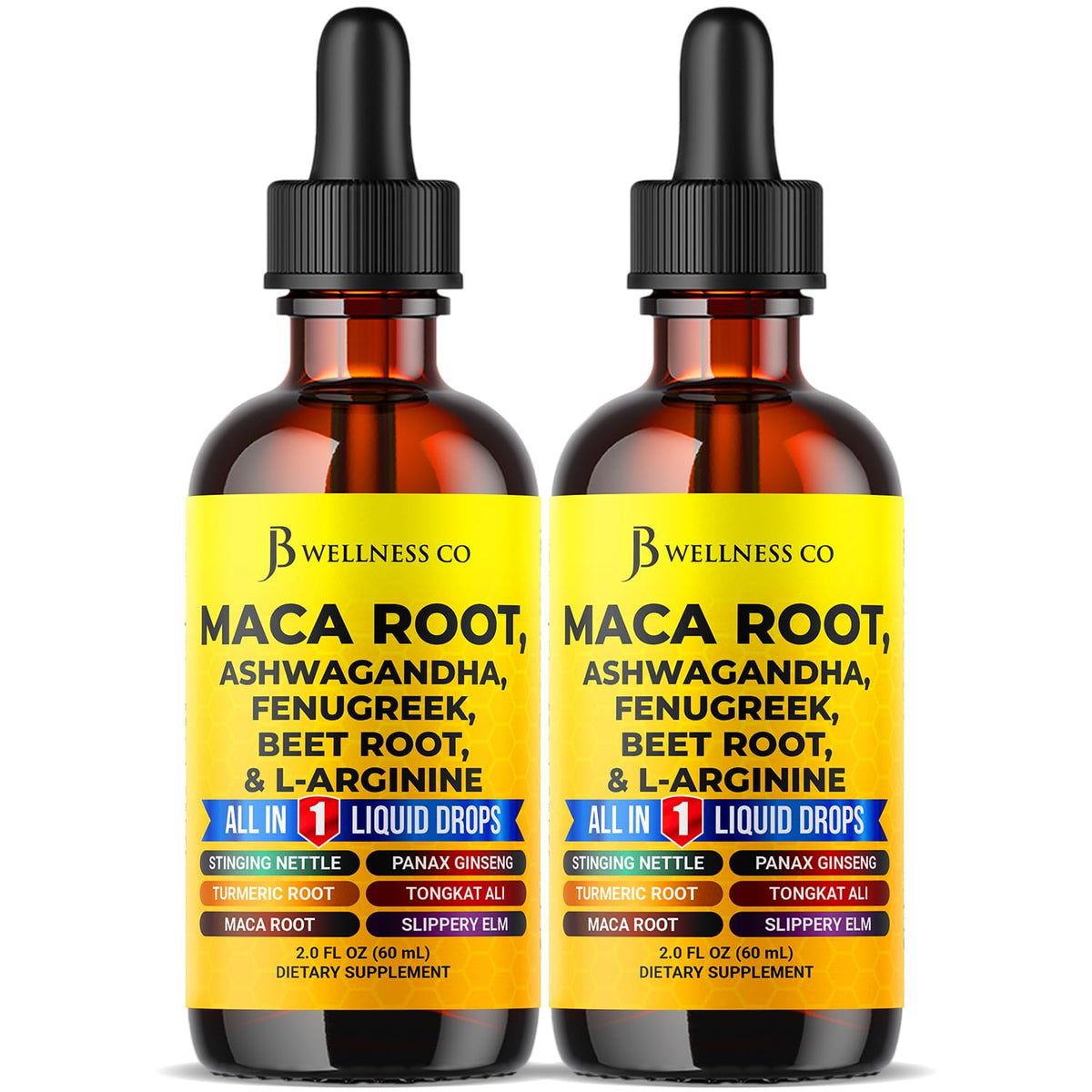 JB Wellness Co Maca Root Liquid Drops bottle highlighting daily vitality support.