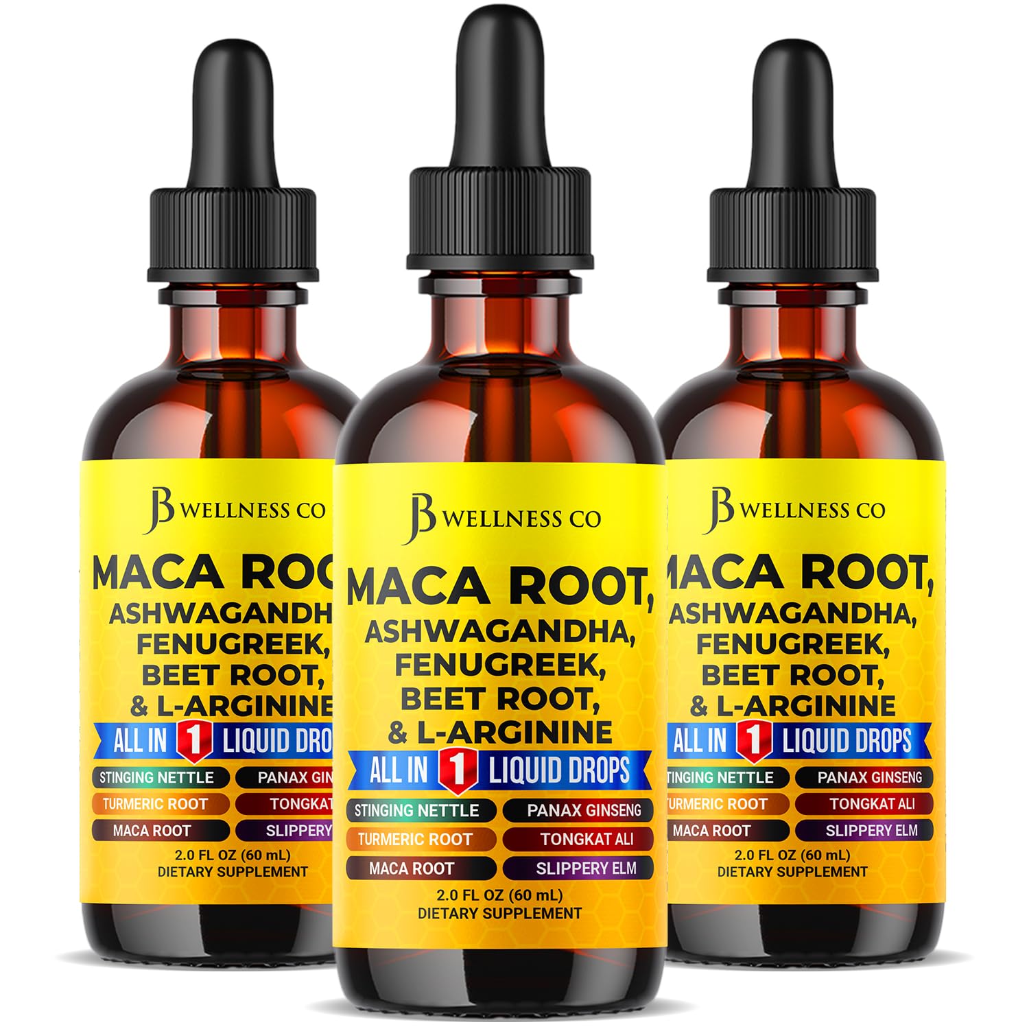 JB Wellness Co maca root liquid drops bottle close-up for daily energy.