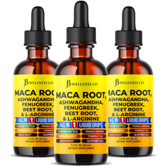JB Wellness Co maca root liquid drops bottle close-up for daily energy.