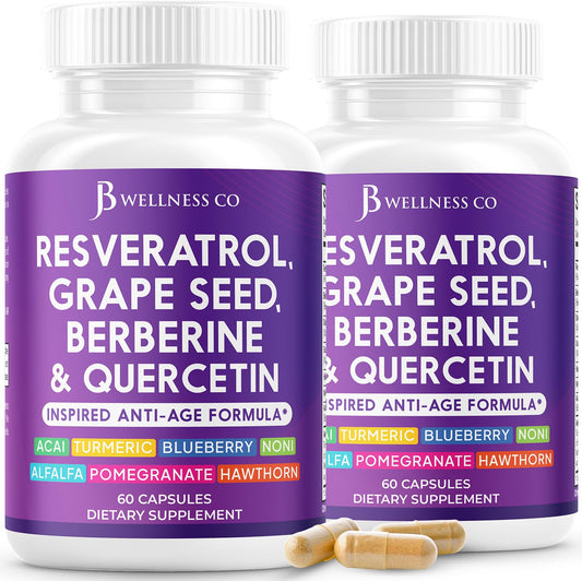 JB Wellness Co Resveratrol bottle showing a potent polyphenol blend for daily vitality.