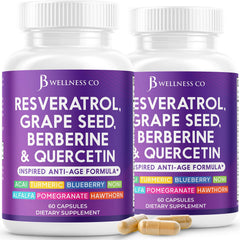 JB Wellness Co Resveratrol bottle showing a potent polyphenol blend for daily vitality.