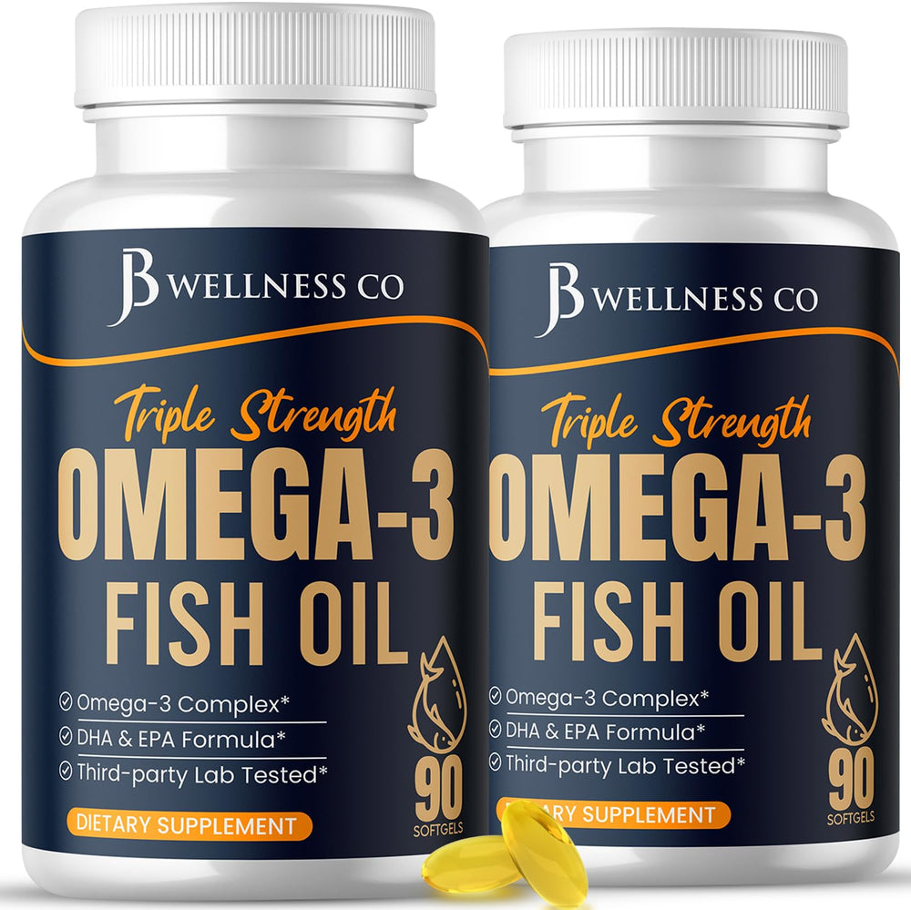 JB Wellness Co triple-strength omega-3 bottle front with 180 capsules for daily wellness
