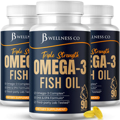 JB Wellness Co Triple Strength Omega-3 bottle front with dosage clearly shown