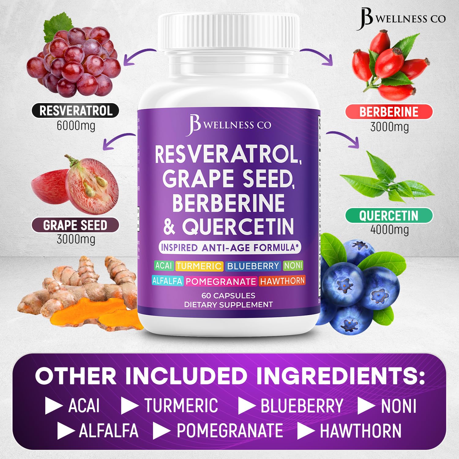 JB Wellness grape seed extract capsules on light background for daily antioxidant support.