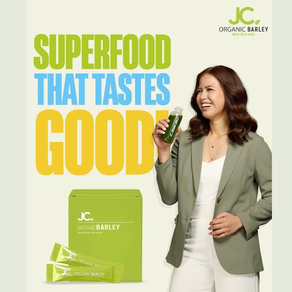 JC Barley Grass Juice Powder label close-up shows organic New Zealand origin for clean energy