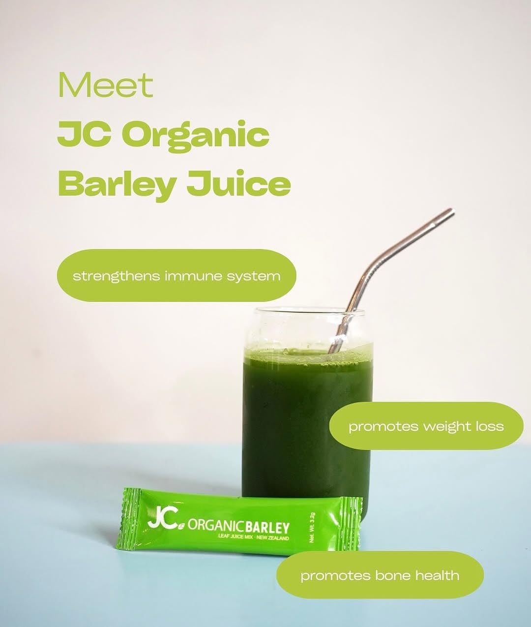 JC Barley Grass Juice Powder mixed in water near fruit suggests digestive support