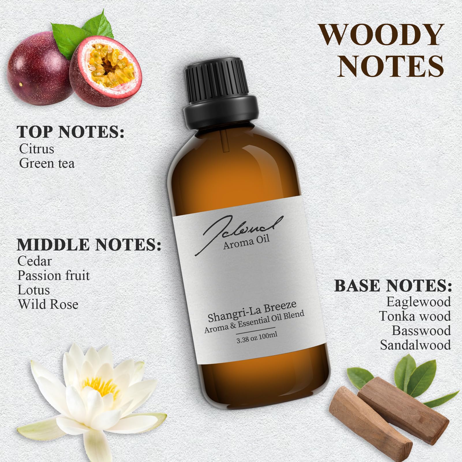 JCLOUD Shangri-La Breeze diffuser image emphasizing warm cedarwood and sandalwood ambiance.