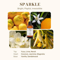 JCLOUD Sparkle amber bottle closeup highlights high-purity ingredients for safe aromatherapy at home.