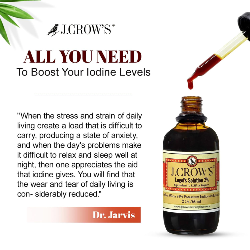 Compact 2 oz packaging of J.CROW'S Lugol's iodine