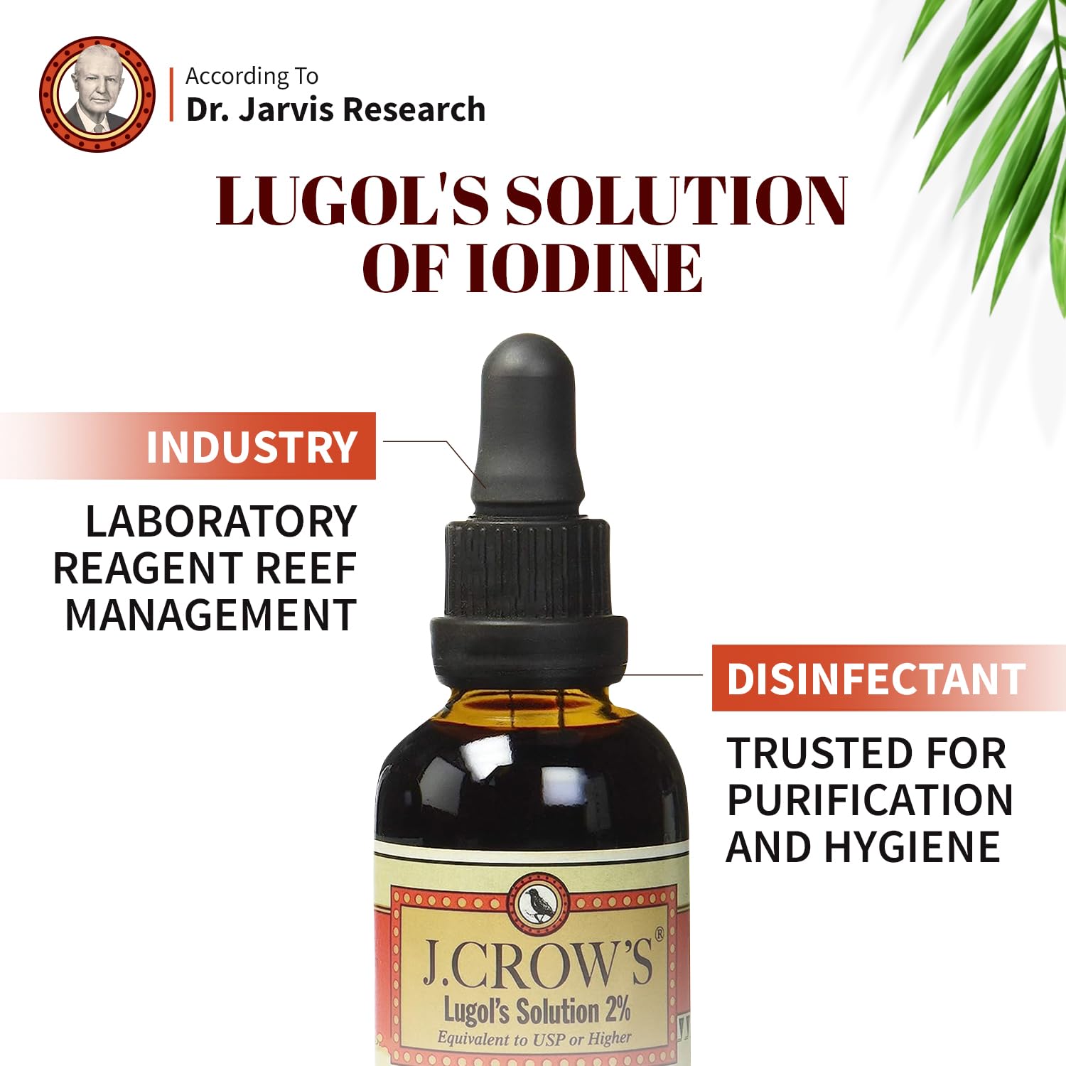 Iodine drops dispensing from J.CROW'S Lugol's bottle.