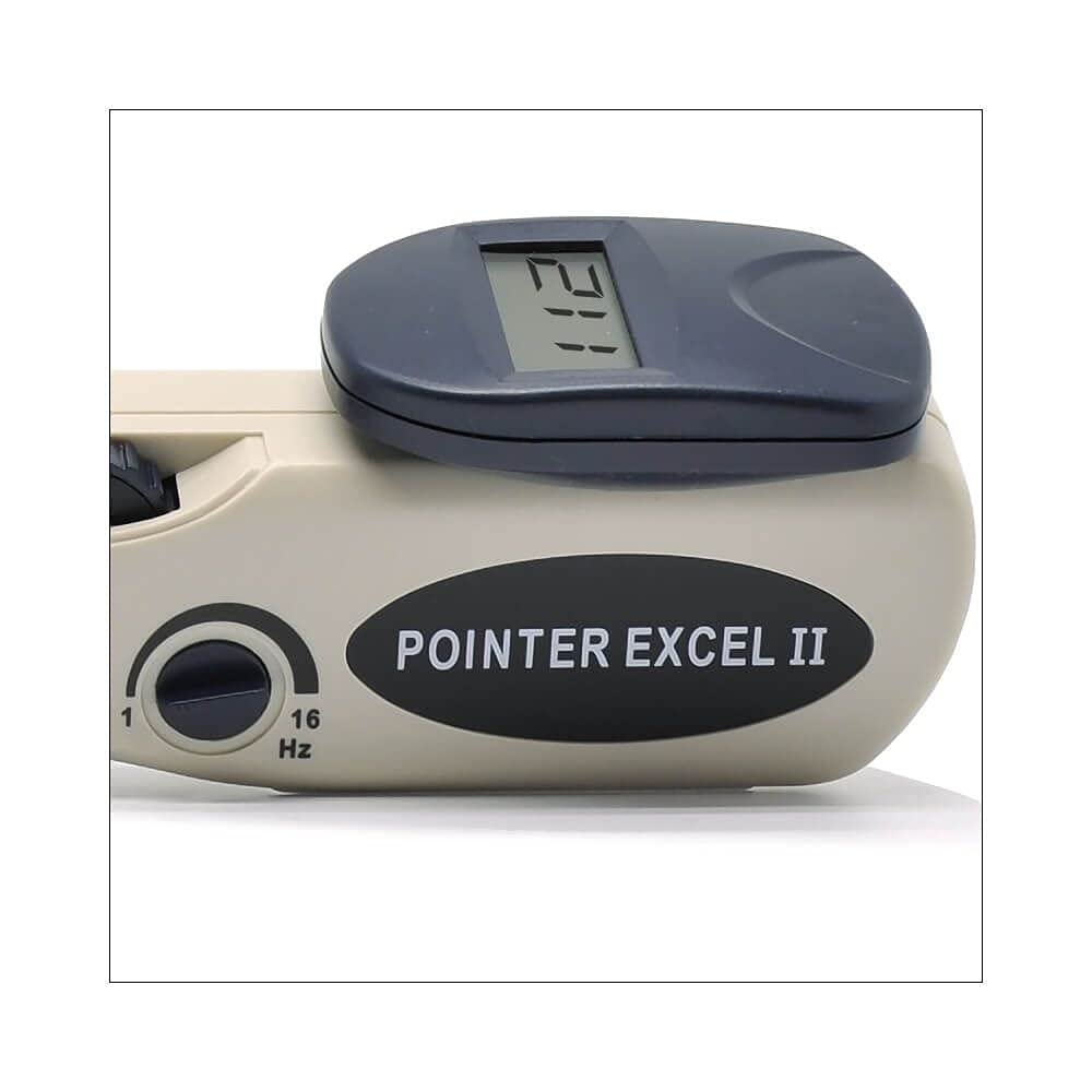 JDOHS Pointer Excel II LCD display shows stimulation frequency for precise point location.