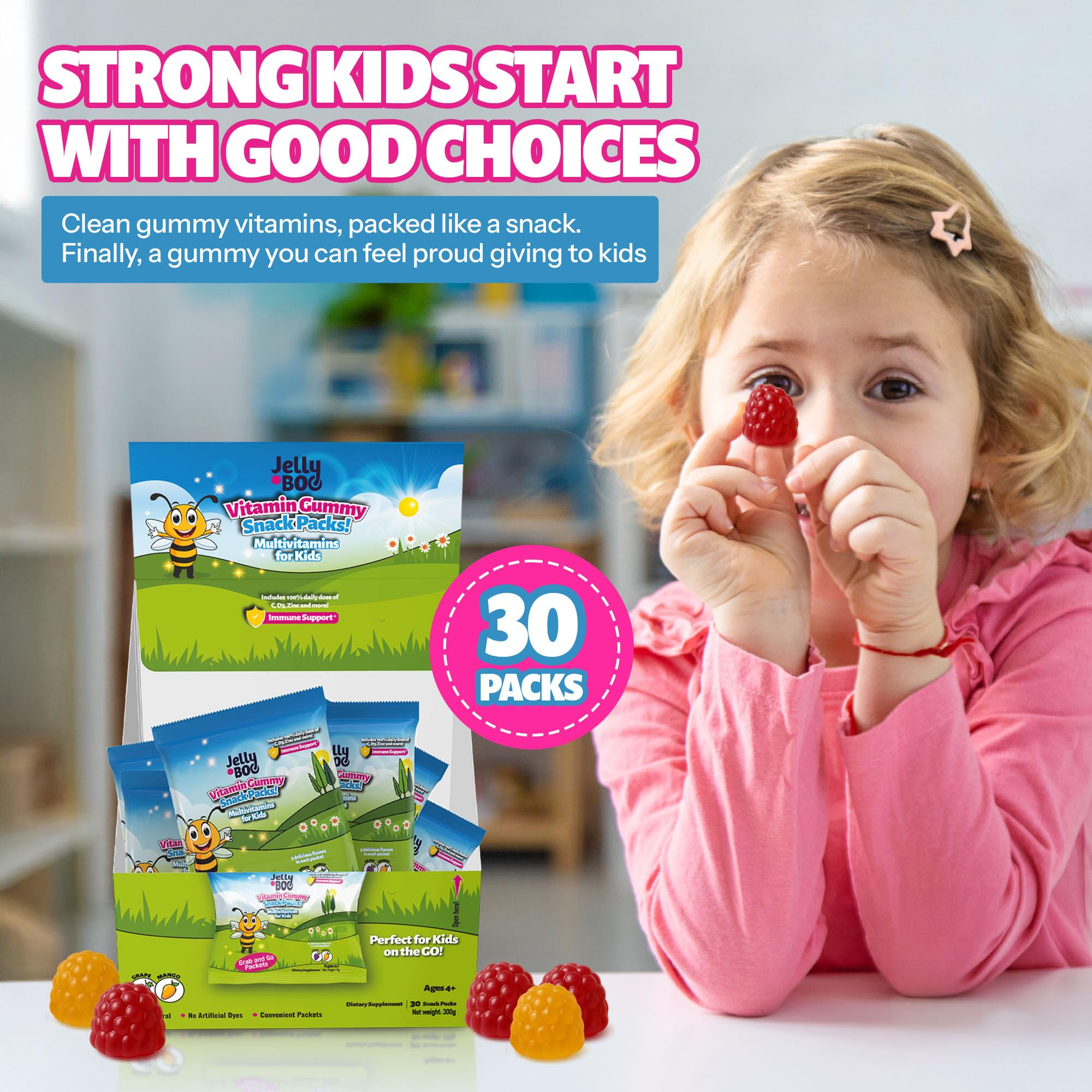 Jelly.Boo provides 100% DV vitamin C, D3 and zinc per serving.