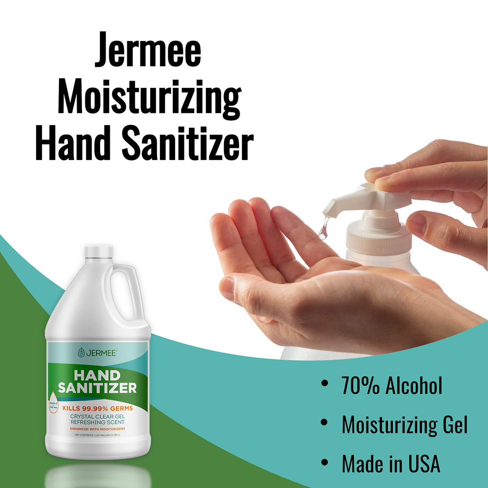 JERMEE 70% alcohol sanitizer gel dispensed for rapid germ reduction.