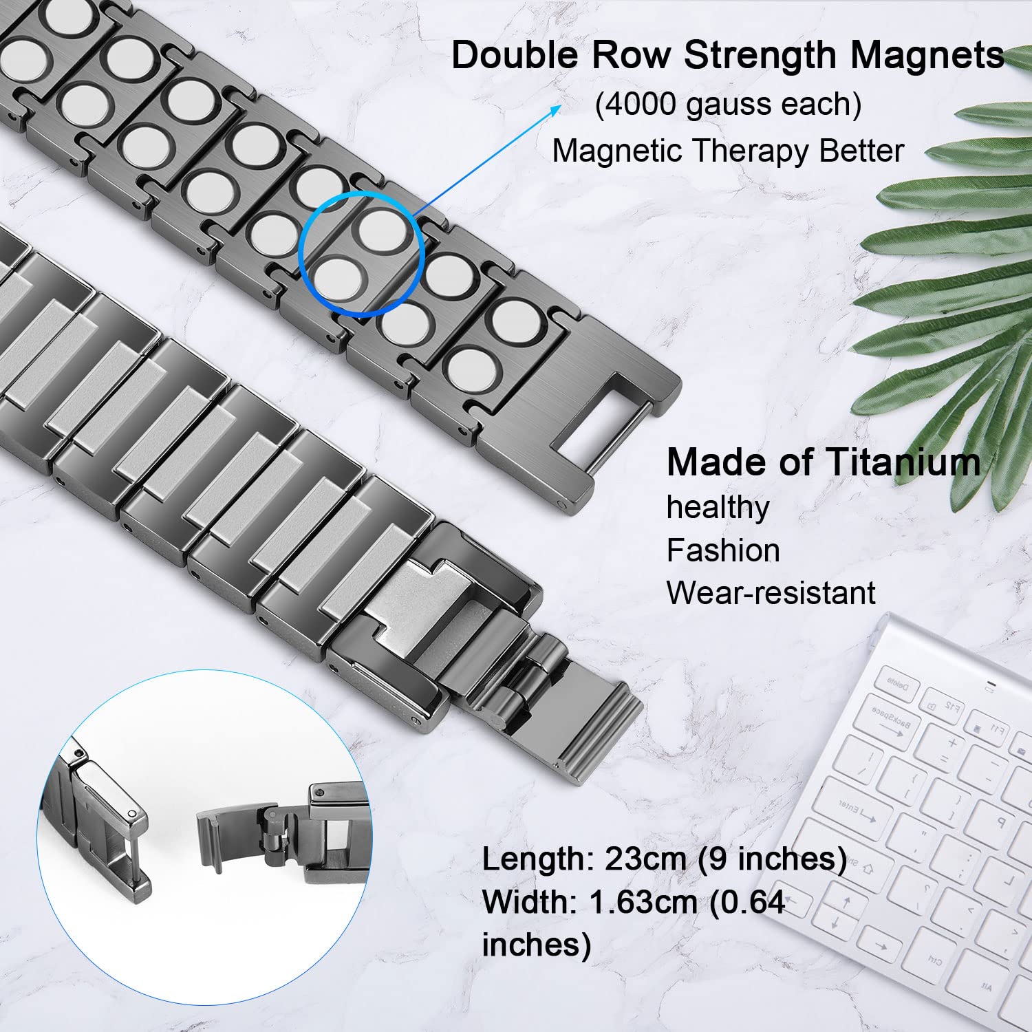 JEROOT magnetic bracelet grey side view showing sleek titanium design