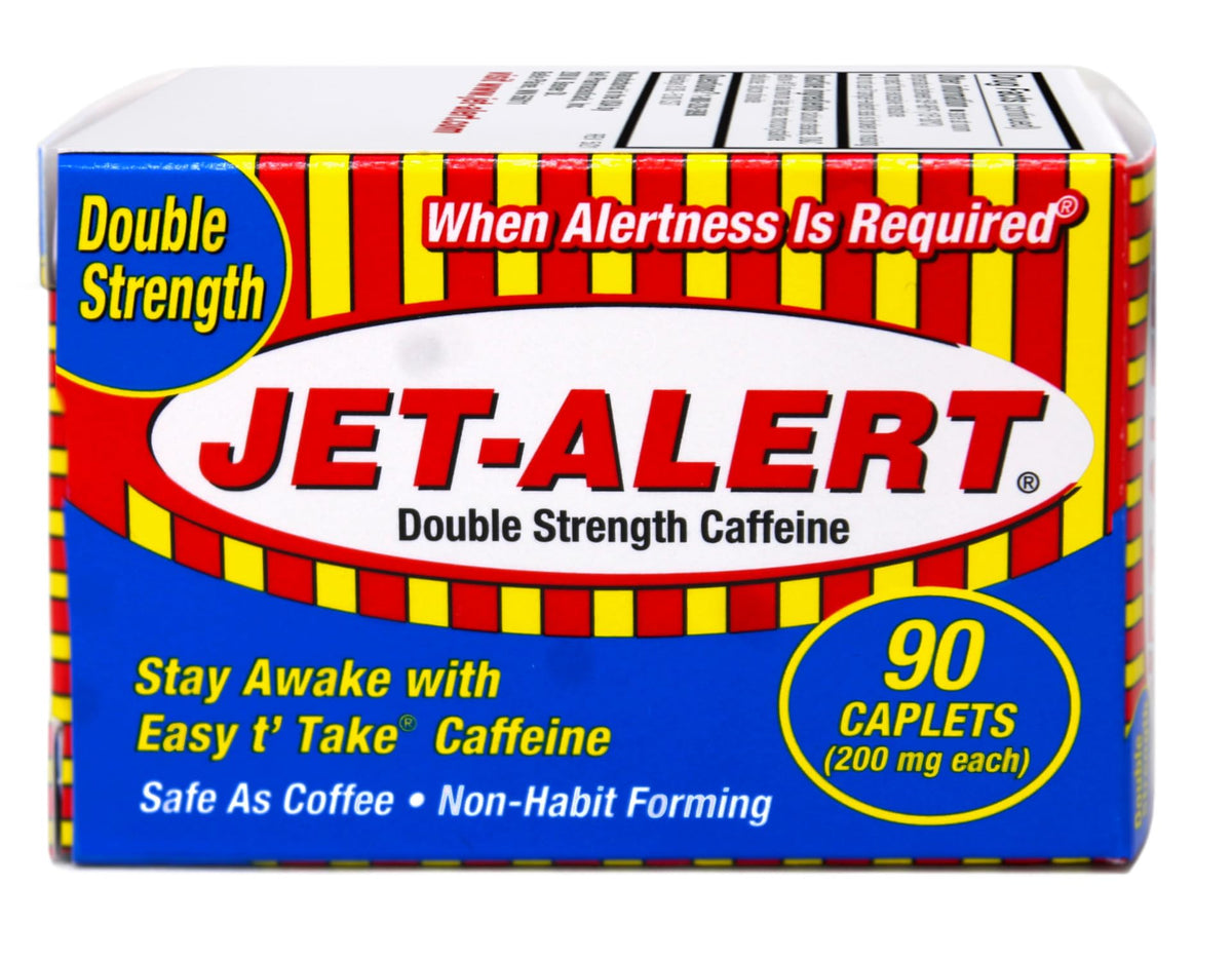Jet Alert double strength caplets bottle closeup shows fast alertness support.