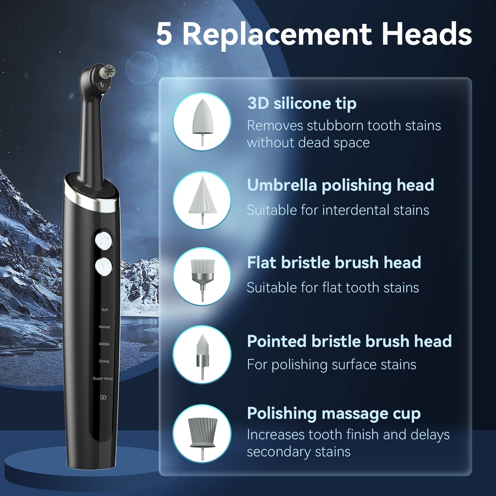 Jeyoe Tooth Polisher five-head setup enables versatile cleaning across surfaces.