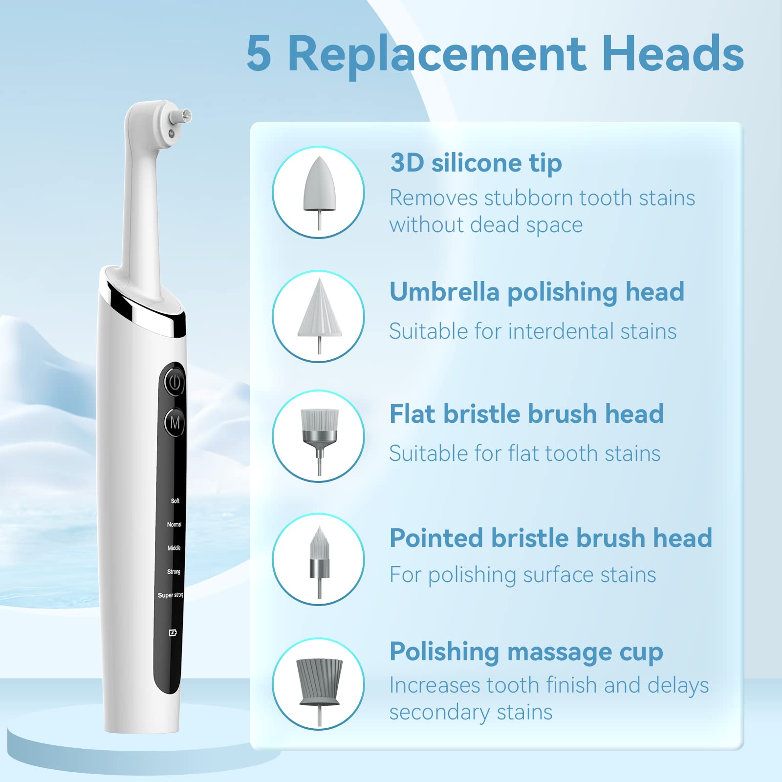 Jeyoe Tooth Polisher head tips set shows five interchangeable heads for varied cleaning tasks.