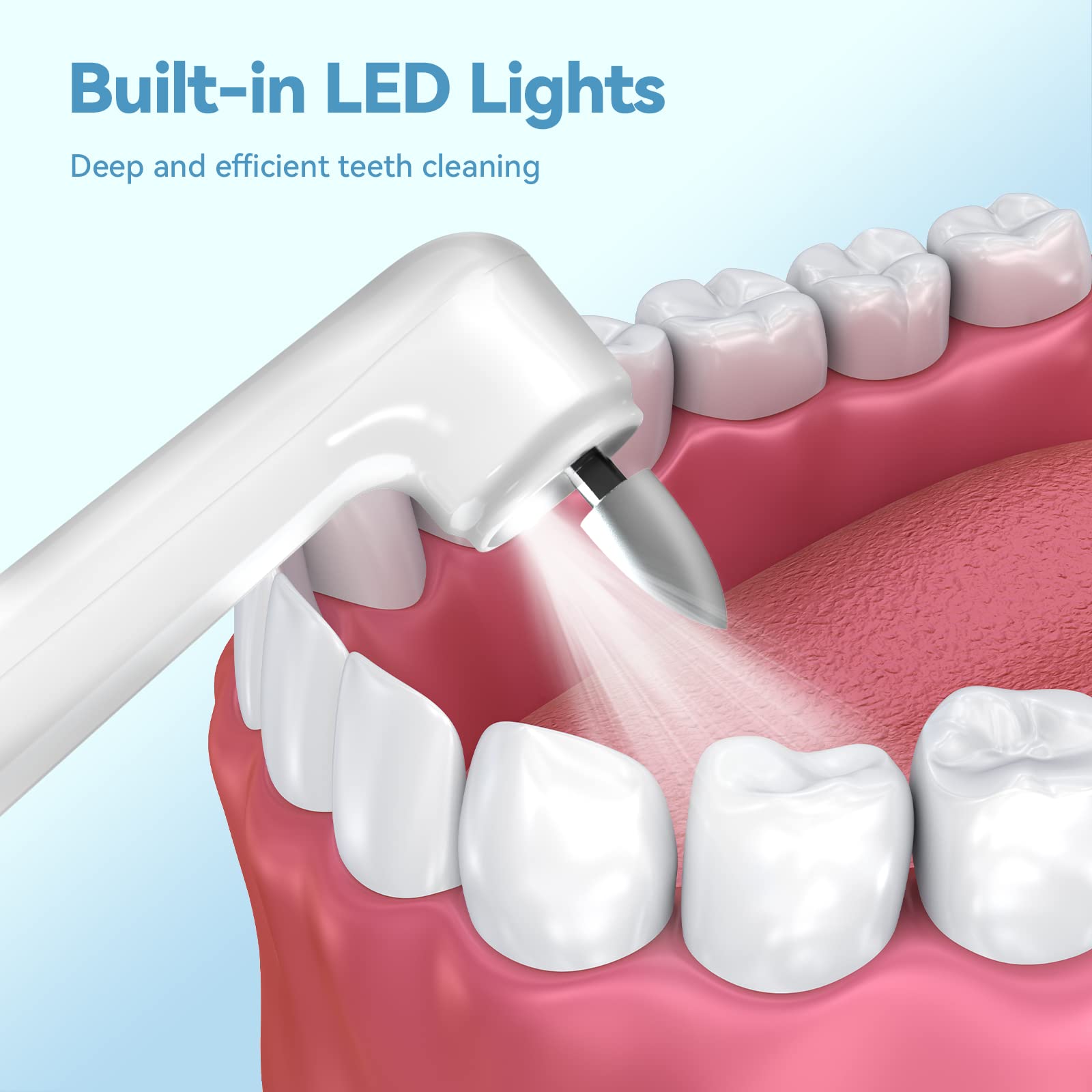 Jeyoe Tooth Polisher pointed bristle brush head targets tight interdental spaces.