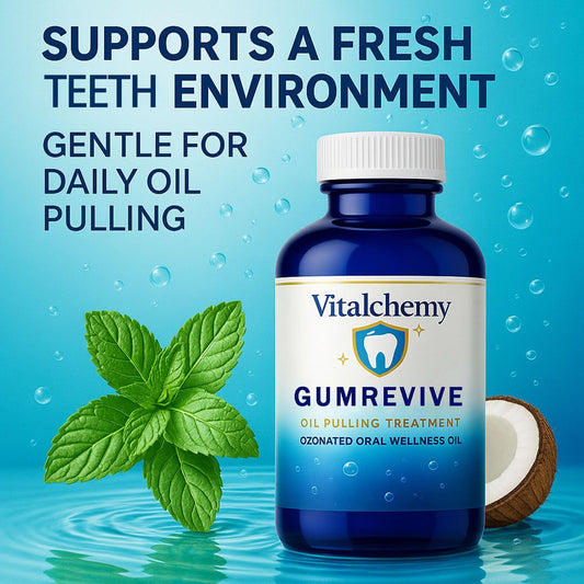 Jfsyb Vitalchemy cold-pressed coconut mouthwash bottle showing gentle whitening support.