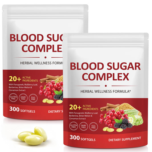 J&amp;H Blood Sugar Complex bottle side view with 300 softgels for daily use.
