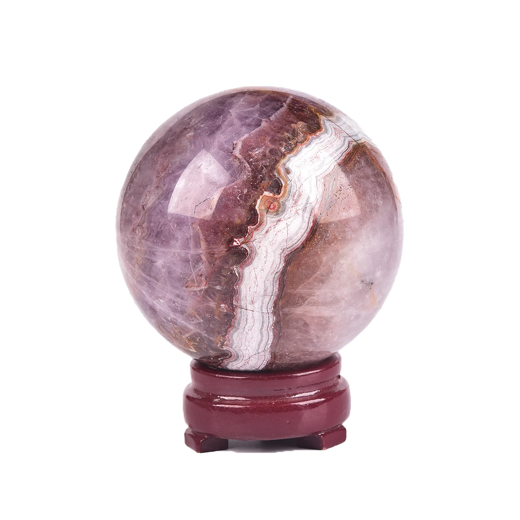 JIC Gem amethyst sphere on wooden stand with calming presence