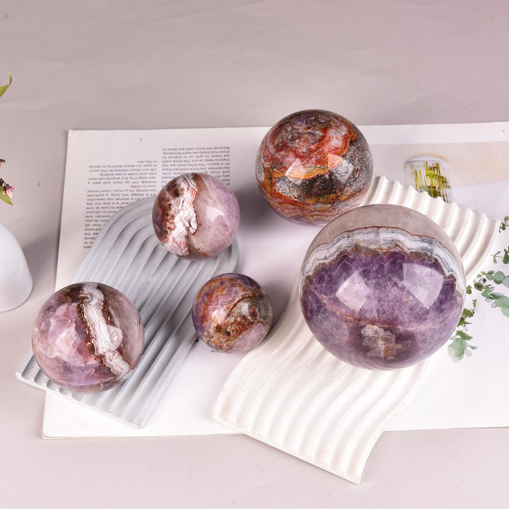 JIC Gem amethyst sphere in a meditation corner setup