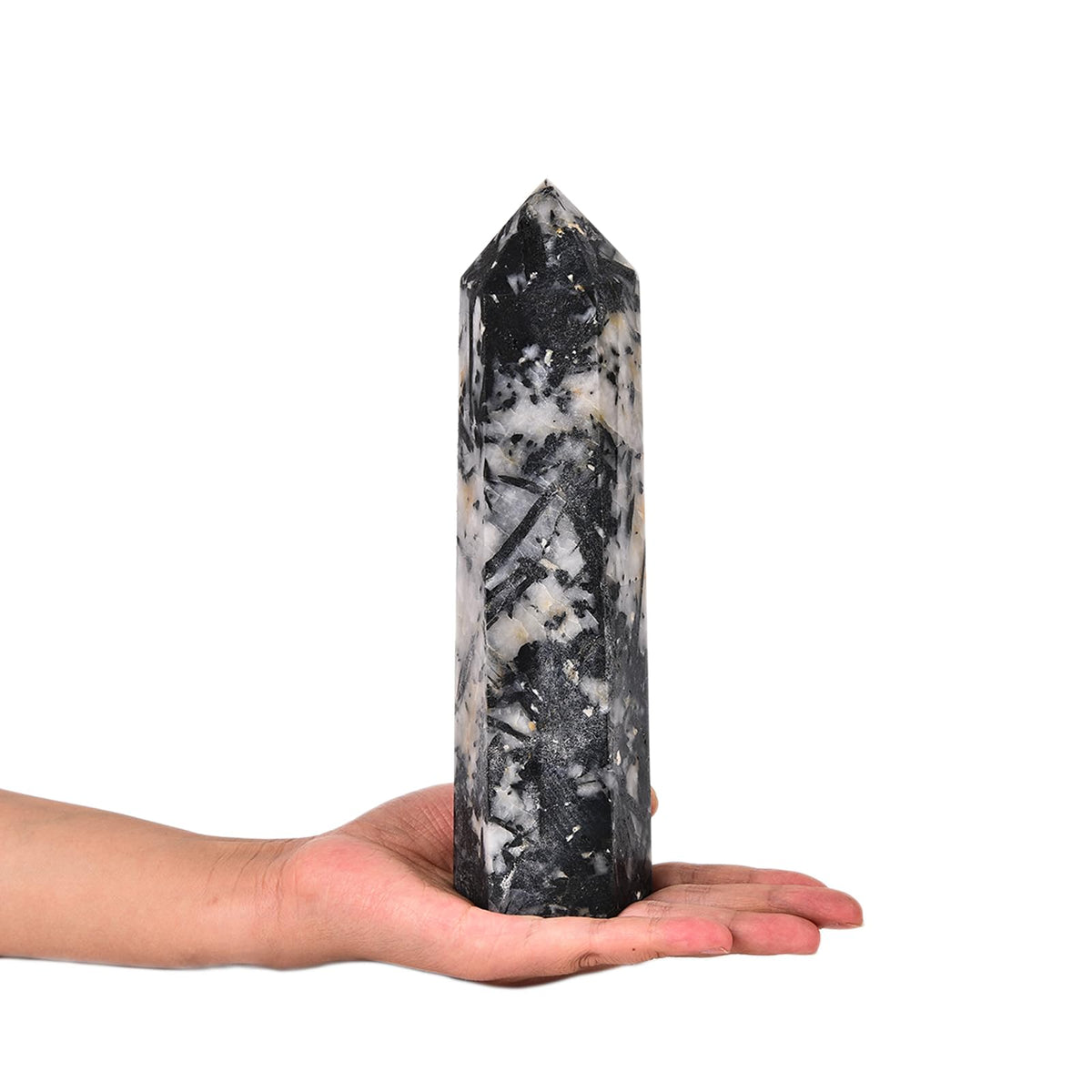 JIC Gem black and white tourmaline obelisk tower on display with protective energy.