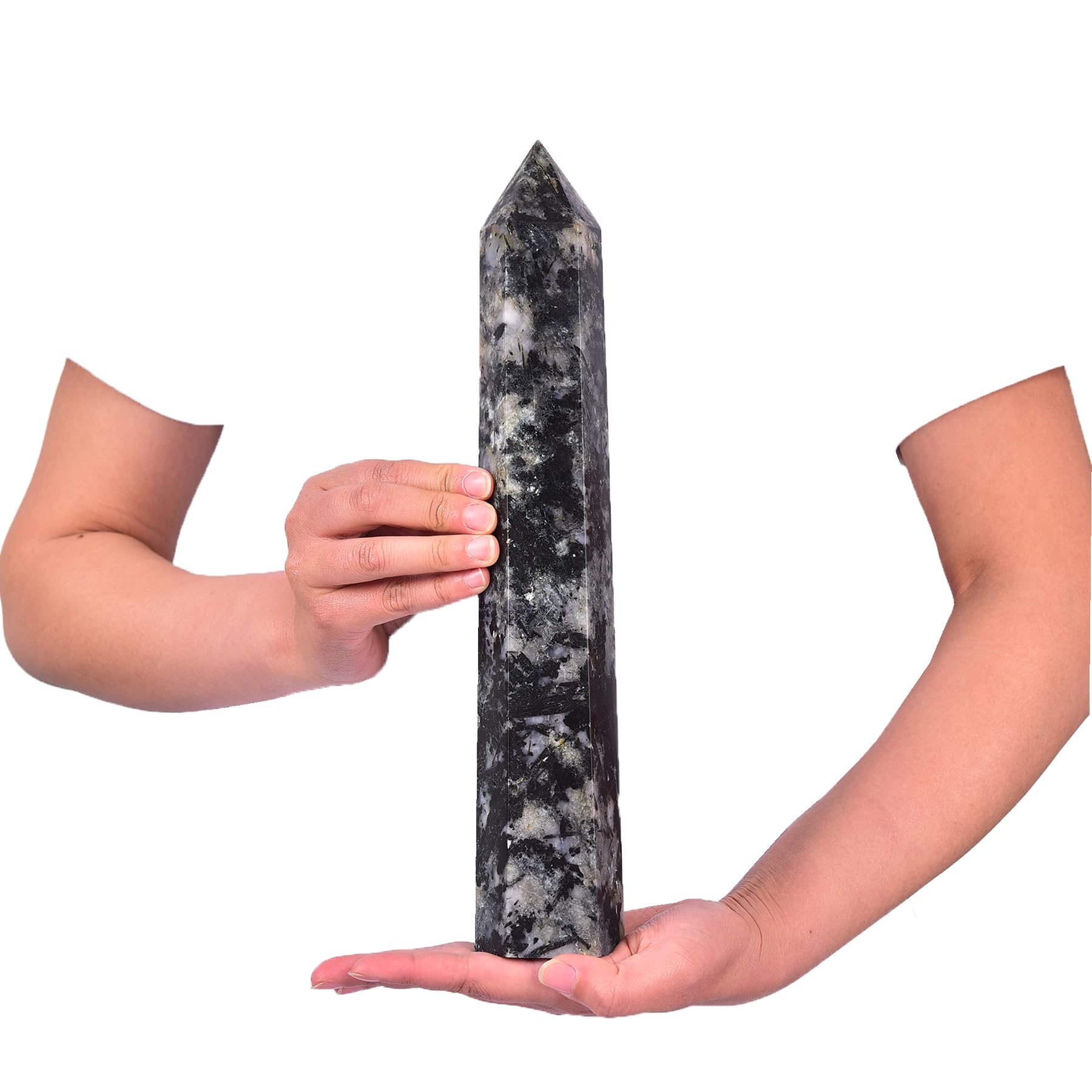JIC Gem black-white tourmaline quartz wand with six facets aids focus and meditation.