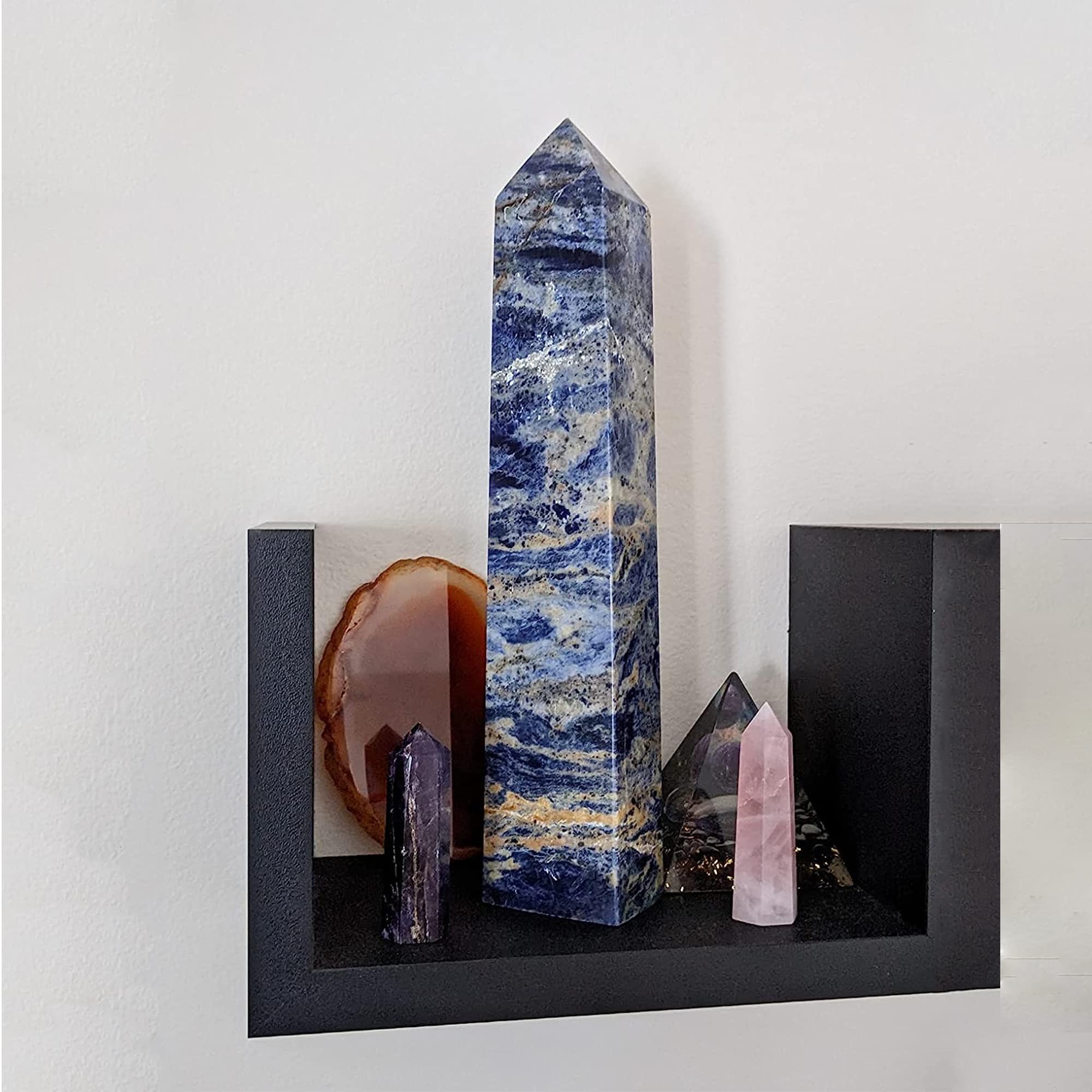 JIC Gem Blue Sodalite Tower in a calm room setup.