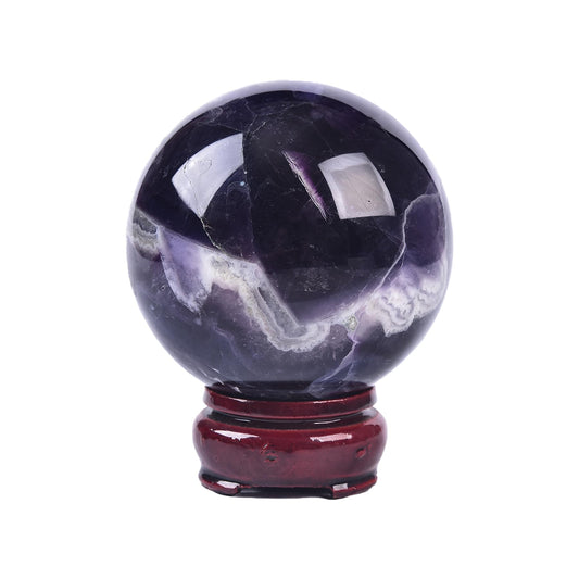 JIC Gem Colorful Fluorite Crystal Ball on wooden stand for Feng Shui decor and focus.