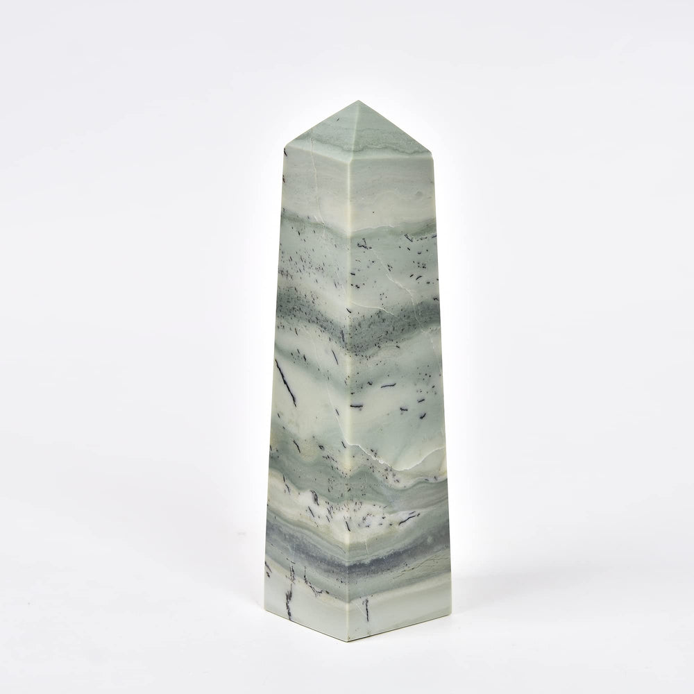 JIC Gem dendritic jade tower close-up highlighting olive-green dendrites and natural texture