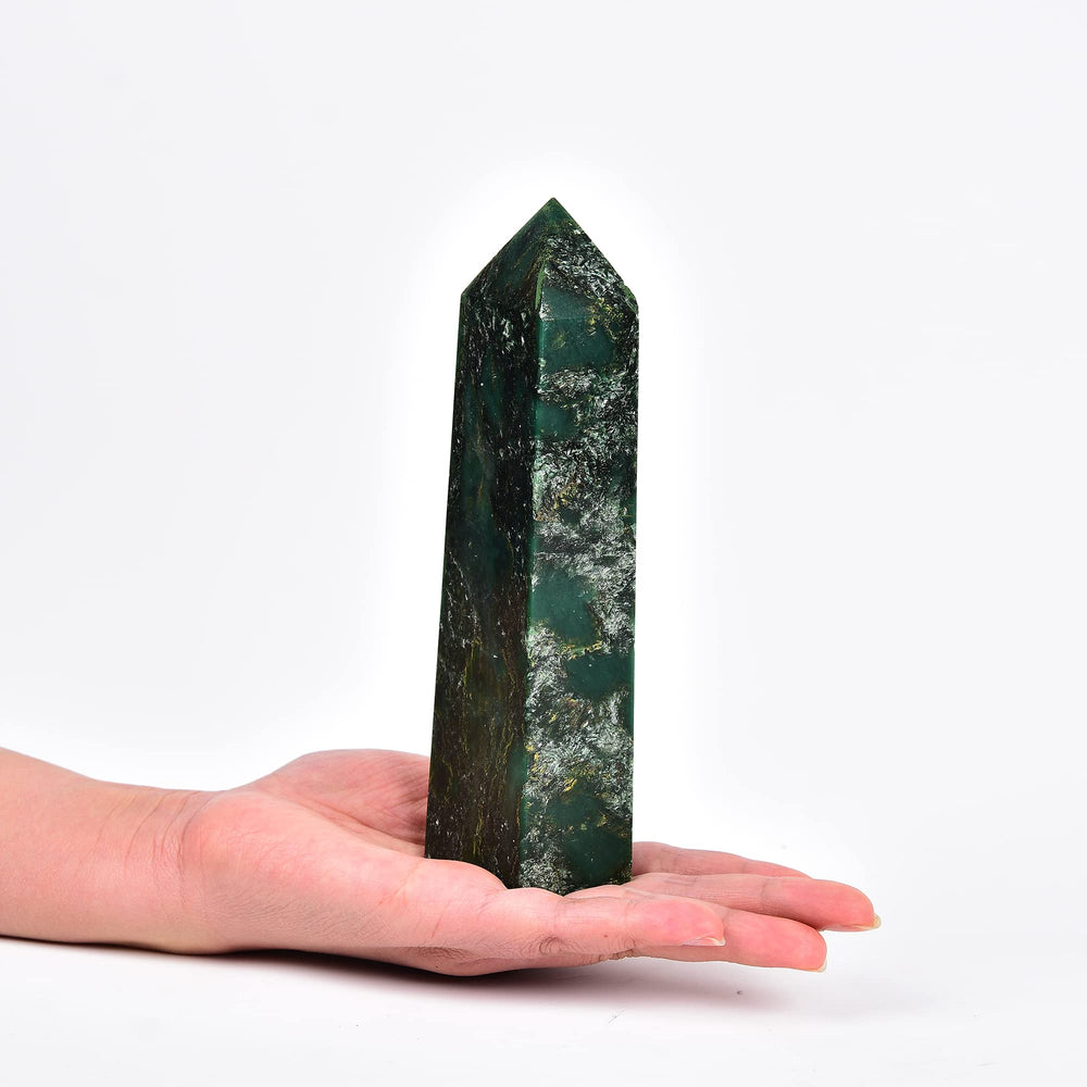 JIC Gem emerald quartz obelisk tower closeup for meditation and focus.