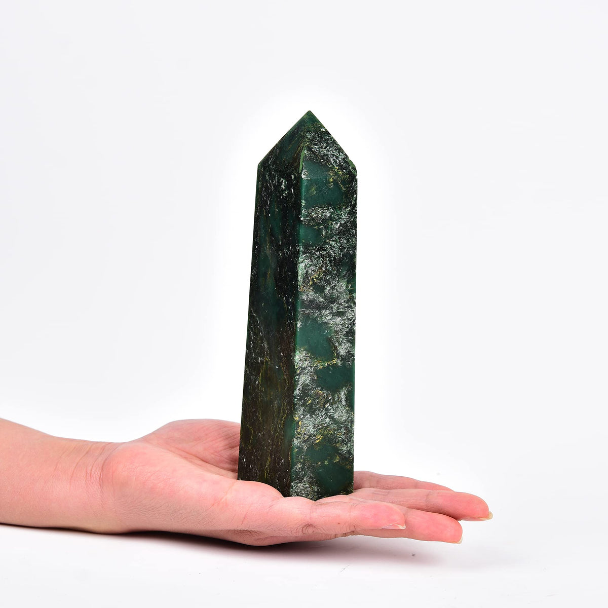 JIC Gem emerald quartz obelisk tower closeup for meditation and focus.