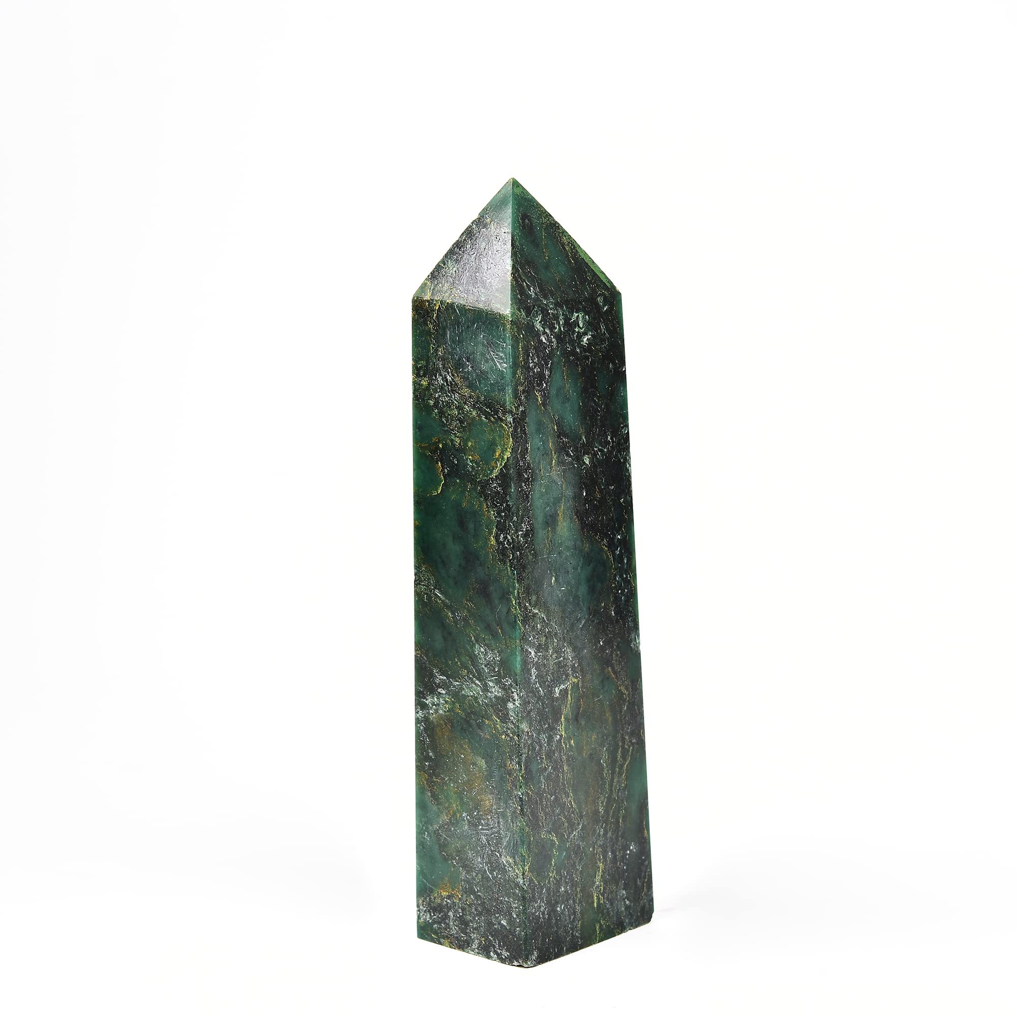 JIC Gem emerald quartz obelisk tower used as decor in a calm space.