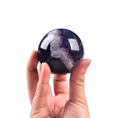JIC Gem fluorite crystal ball shows natural color bands for chakra balancing rituals.